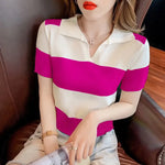 Load image into Gallery viewer, Clothing T-shirt Woman Tops Red Knit Polo Neck Shirts for Women Green Striped Short Sleeve Tee V Cute Youth High Quality Cotton  Amaijoin
