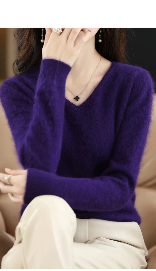 Women's Flat V-neck Mink Cashmere Sweater New Autumn/winter 2023 Knitted Loose Pullover Commuter Basic Knit Top  Amaijoin