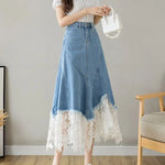 Carregue a imagem no visualizador da Galeria, Harajuku Lace Patchwork Denim Skirt Woman Korean High Waist Blue Midi Skirts Women Summer Fashion Plus Sized 3Xl A-Line Skirt  Amaijoin
