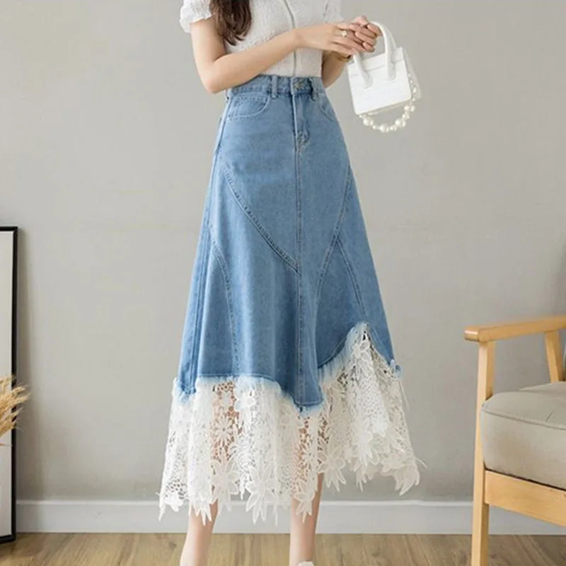 Harajuku Lace Patchwork Denim Skirt Woman Korean High Waist Blue Midi Skirts Women Summer Fashion Plus Sized 3Xl A-Line Skirt  Amaijoin