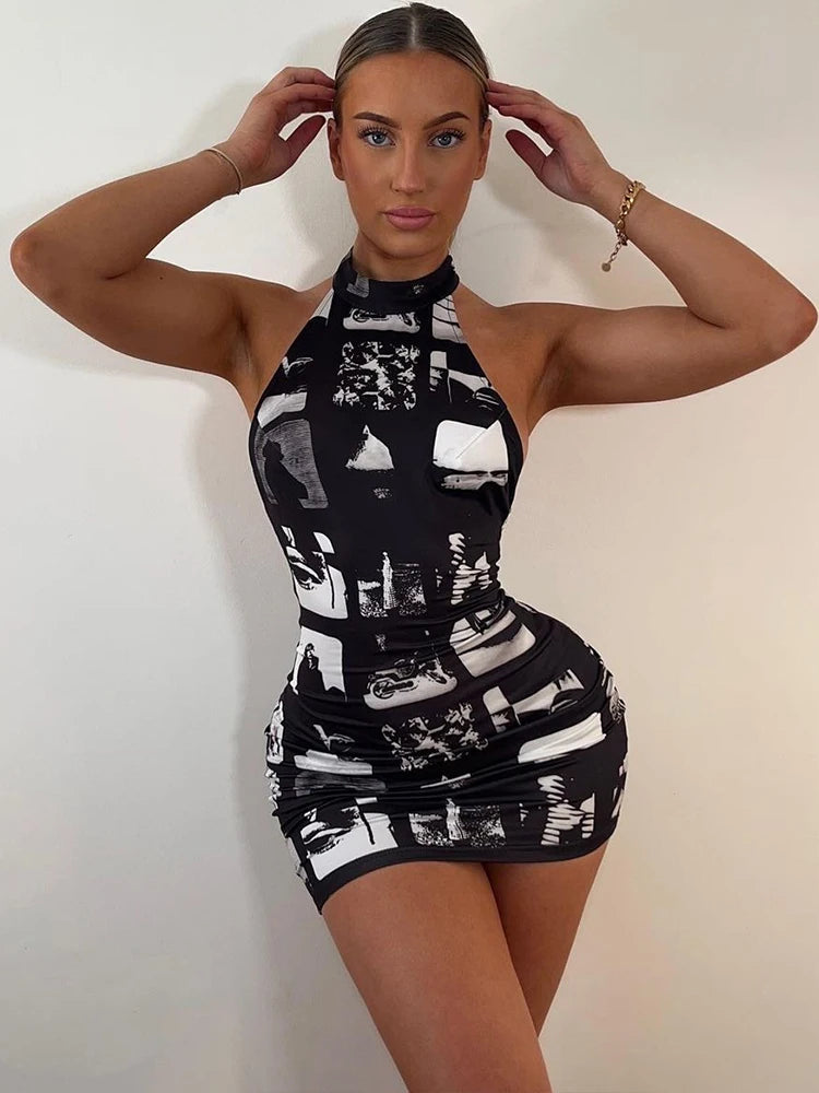 Hugcitar Vintage Print Halter Sleeveless Backless Sexy Slim Bodycon Mini Dress 2023 Summer Y2K Outfit Streetwear Nightclub Biker  Amaijoin