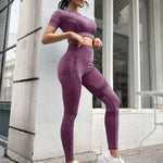 Load image into Gallery viewer, 2pcs Workout Yoga Sets, Short Sleeve Cropped Top &amp; High Waist Running Leggings, Women&#39;s Activewear  Amaijoin
