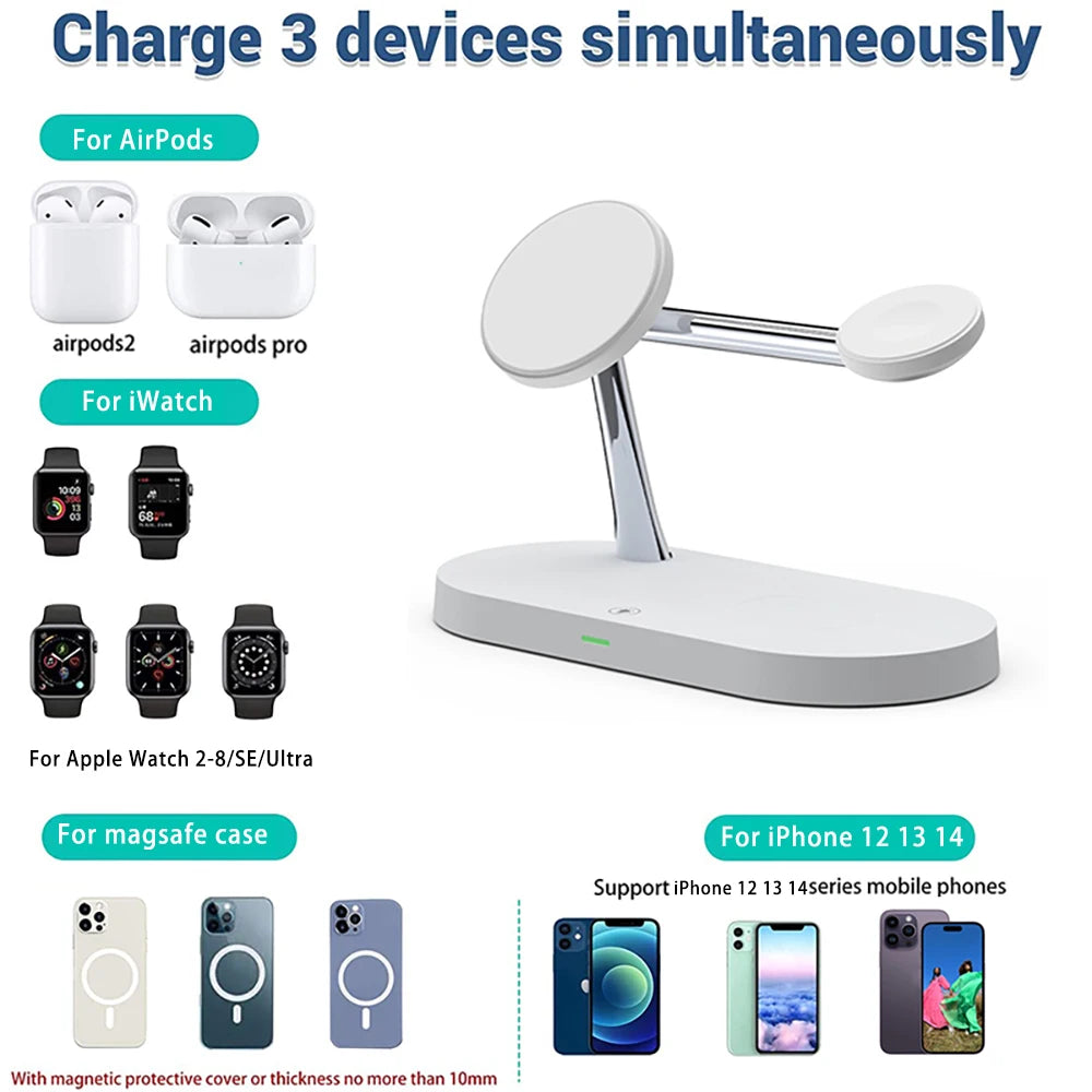 3 in 1 Wireless Charger For iPhone 12 13 14 15 Magsafe Charger Airpods Pro Apple Watch 9 8 7 6 QI Fast Charging Station  Amaijoin