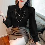 Carregue a imagem no visualizador da Galeria, Doll Pointed Neck Turn Down Collar Bubble Long Sleeve Loose Top Chain Casual Shirt And Blouses OL Woman French Elegant 2024Trend  Amaijoin
