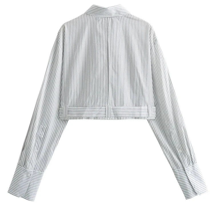 XNWMNZ Women's Fashion 2023 Striped Crop Belt Shirt Women High Street Lapel Long Sleeve Versatile Female Chic Top  Amaijoin