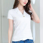 Carregue a imagem no visualizador da Galeria, Black Polo Neck Shirt Clothes Women&#39;s T Shirts Top Plain Short Sleeve White Tee Korean Style Offer Free Shipping Polyester Trend  Amaijoin
