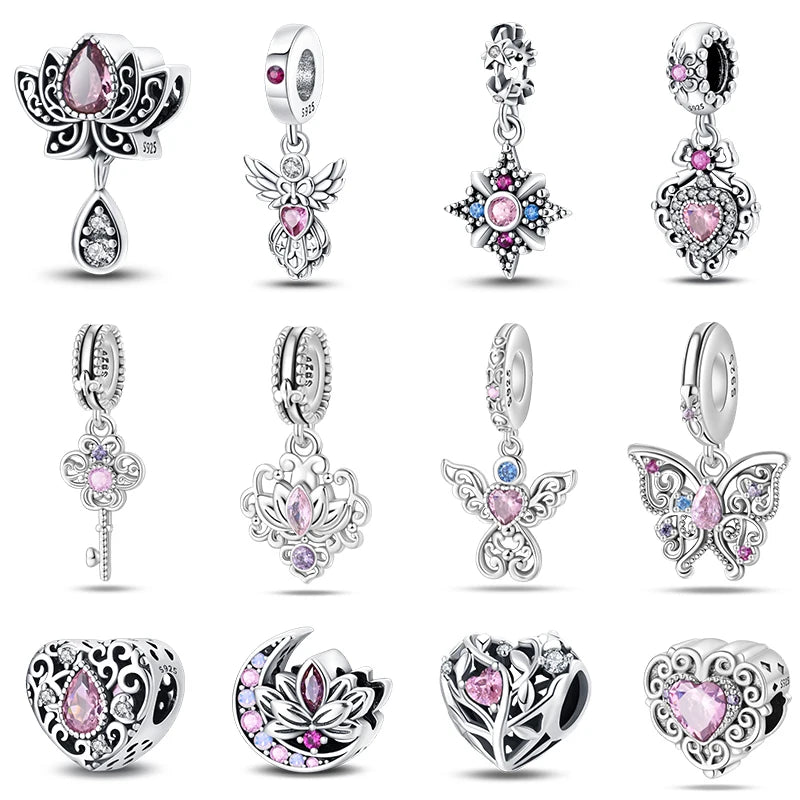 925 Sterling Silver Classic Purple Retro Heart Shape Lotus Angel Pattern Charms Beads Fit Pandora Original Bracelets DIY Jewelry  Amaijoin