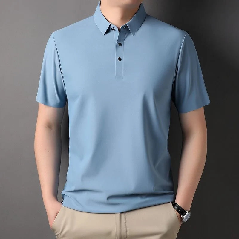 High quality wrinkle resistant ice silk short sleeve t-shirt men's summer Lapel loose casual solid color top high-end polo men  Amaijoin