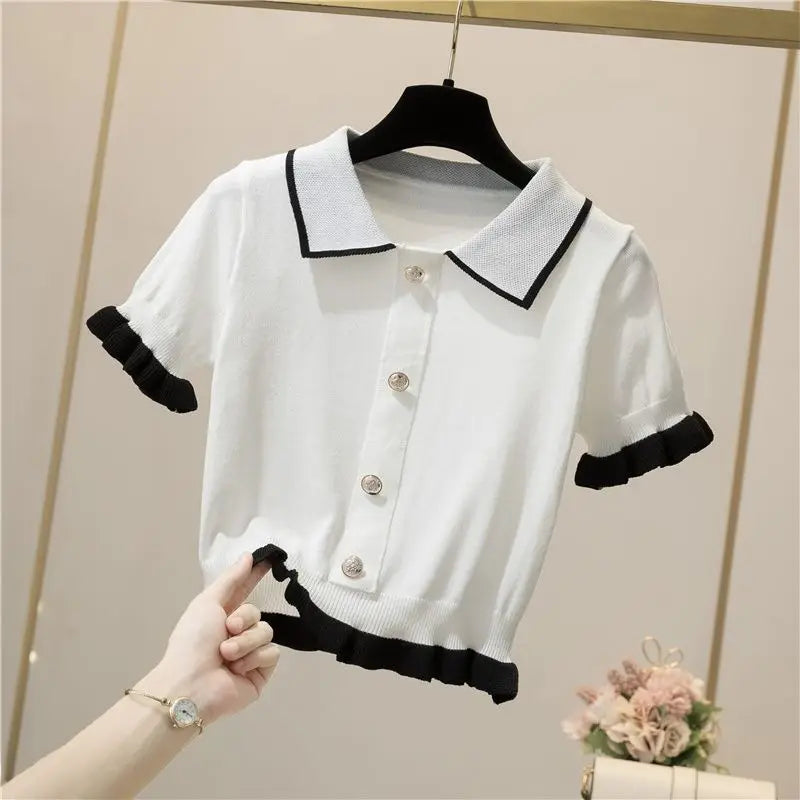 Women Sweet Preppy Style Knit Tops 2024 Korean Summer New Patchwork Short Flare Sleeve Polo Shirts Lady Basic Joker White Tees  Amaijoin