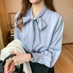 Carregue a imagem no visualizador da Galeria, 2023 Spring Loose Korean Tops Fashion Autumn Chiffon Blouse Bow Blue Long Sleeve Shirt White Office Lady Clothes Blusas 10691  Amaijoin
