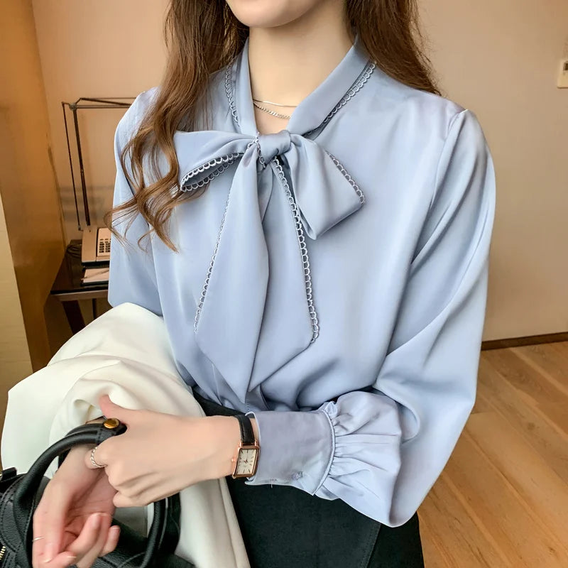 2023 Spring Loose Korean Tops Fashion Autumn Chiffon Blouse Bow Blue Long Sleeve Shirt White Office Lady Clothes Blusas 10691  Amaijoin