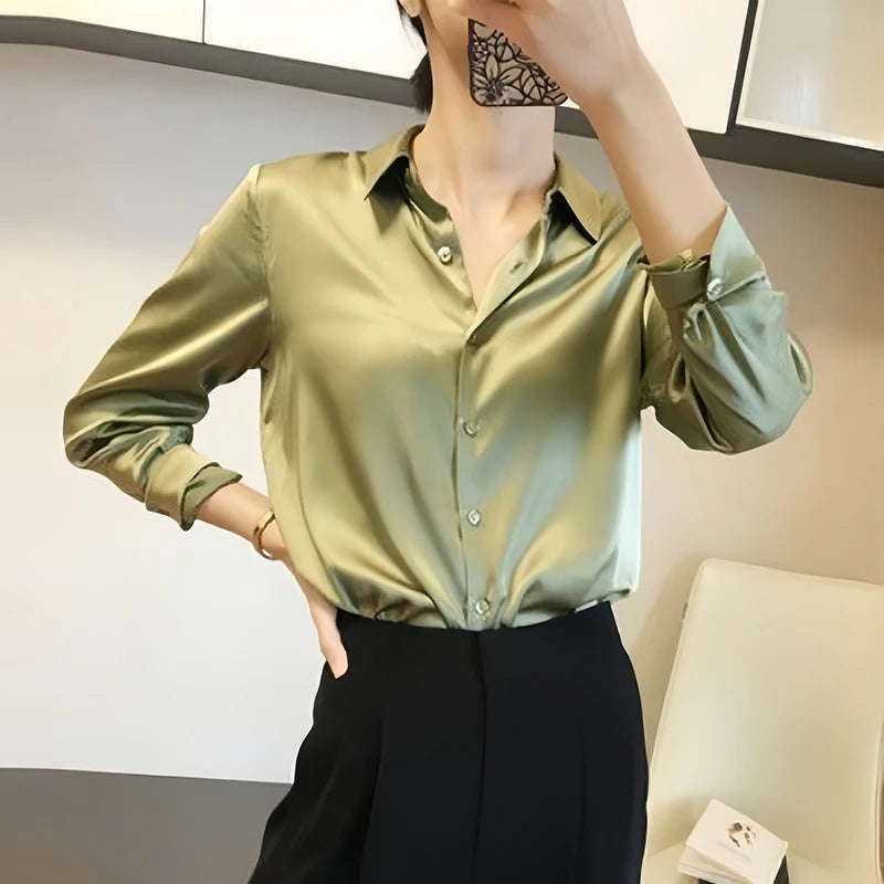 All-match Satin Finish Shirts And Blouses Women Clothing Casual Top OL Long Sleeve Button Elegant Shirts French Solid Blouses  Amaijoin