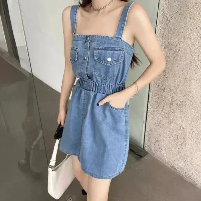 Stylish Denim Dress For Women New Waist-fitted Slimming Petite Short Skirt Fashionable Tie-detail Tanks Camis Shorts  Amaijoin