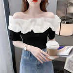 Carregue a imagem no visualizador da Galeria, Off Shoulder Top Sexy Exposed Clavicle Ruffled Short Sleeve T-shirt Female Summer Chic Elegant Blouses Niche Fairy Kawaii Tops  Amaijoin
