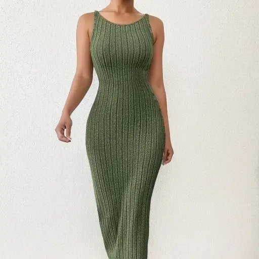 Solid Backless Tank Dress，Summer new sexy backless mid-length knitted sleeveless dress  Amaijoin