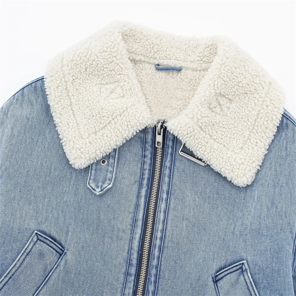 UNIZERA 2023 Autumn/Winter New Product Women's New Fashion and Casual Versatile Polo Collar Lamb Wool Denim Fleece Coat  Amaijoin