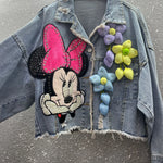 Carregue a imagem no visualizador da Galeria, 2024 New Women Coat Cartoon Sticker Embroidered Sequin Short Denim Jacket Loose Bowknot Top  Amaijoin
