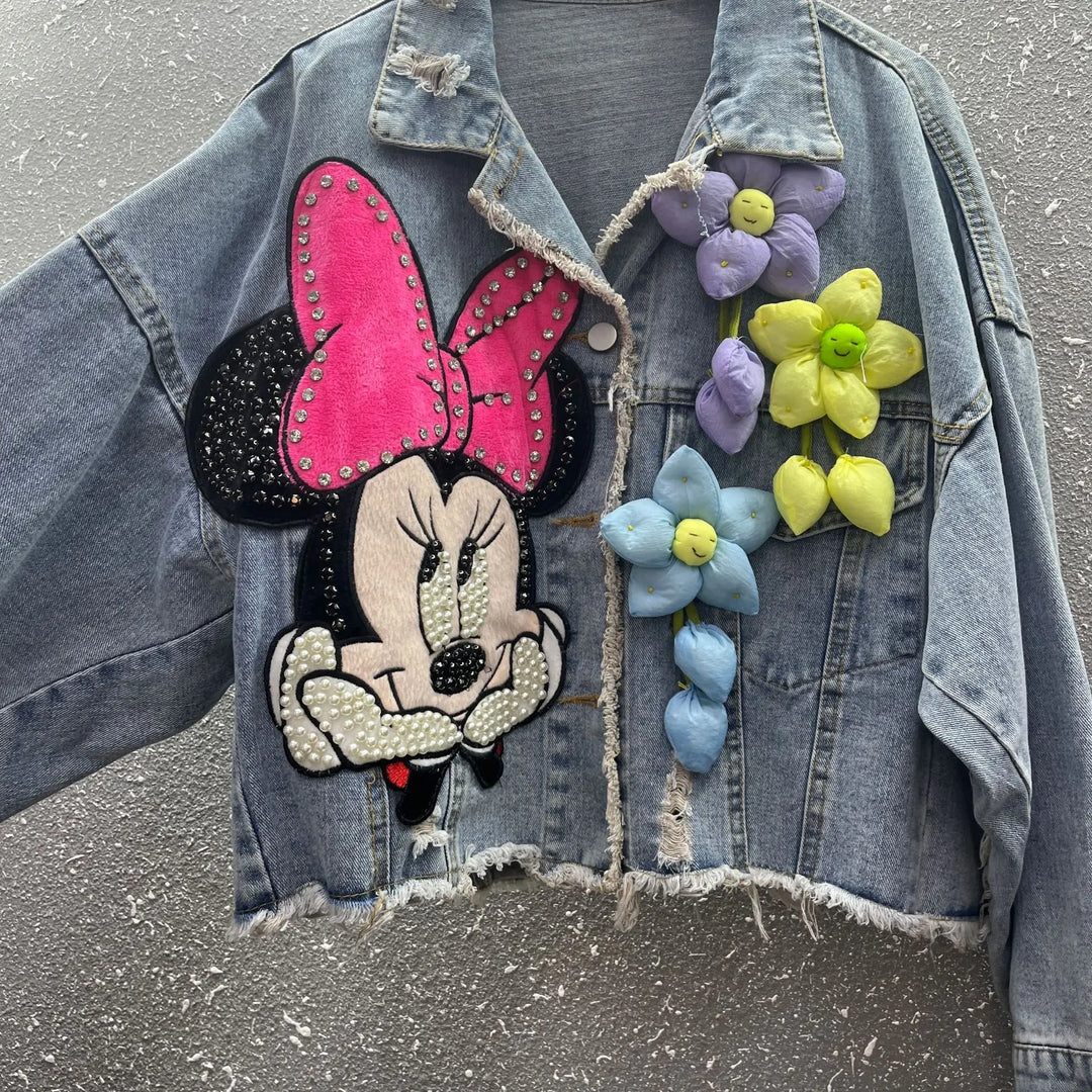 2024 New Women Coat Cartoon Sticker Embroidered Sequin Short Denim Jacket Loose Bowknot Top  Amaijoin