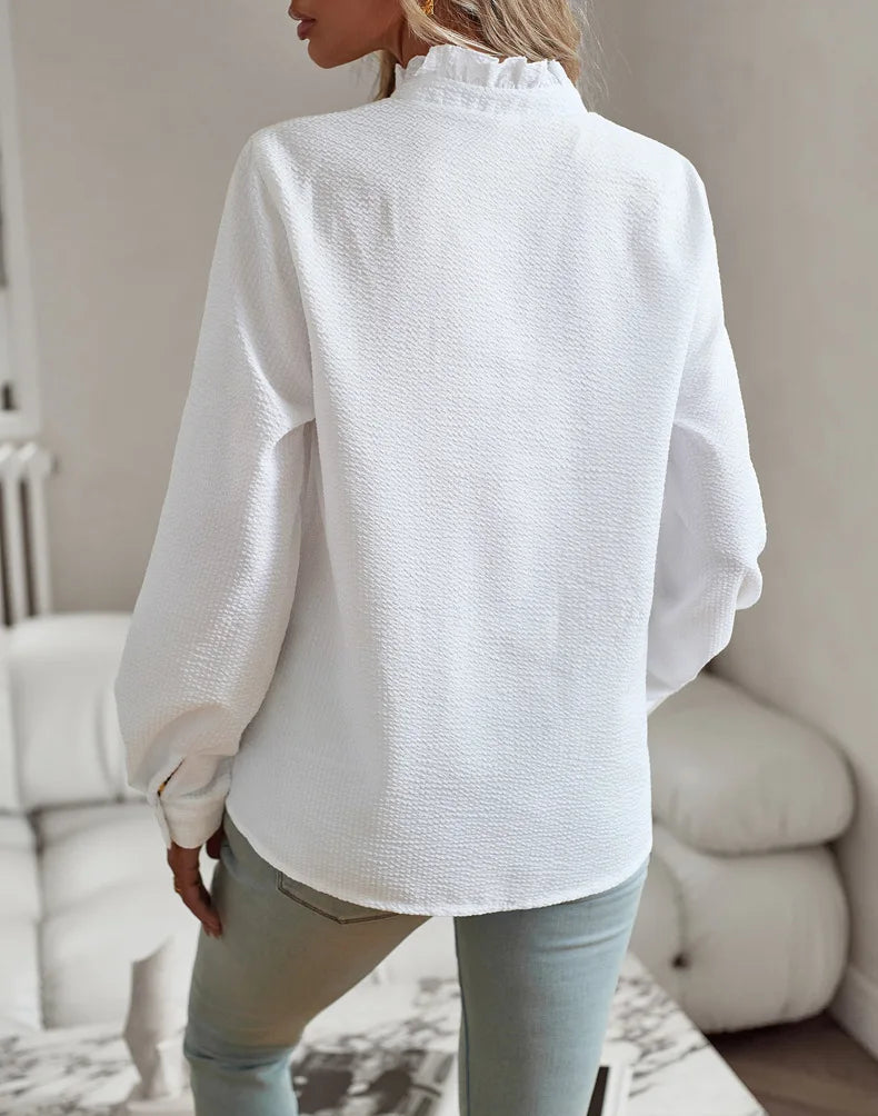 Fashion New Women Shirt Elegant Office Ruched Stand Collar Single Breasted Long Sleeve Top Causal Solid Comfort Simple Shirt  Amaijoin