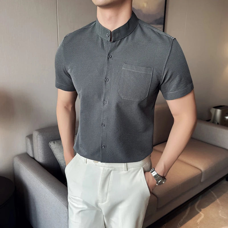 High Quality Stand Collar Shirt for Men Fashion Slim Fit Casual Shirts Short Sleeve Business Social Formal Shirt Men Clothing  Amaijoin