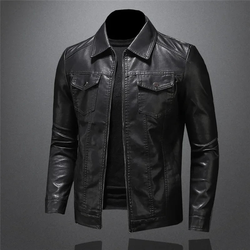 Men's Motorcycle Leather Jacket Large Size Pocket Black Zipper Lapel Slim Fit Male Spring and Autumn High Quality Pu Coat M-5Xl  Amaijoin