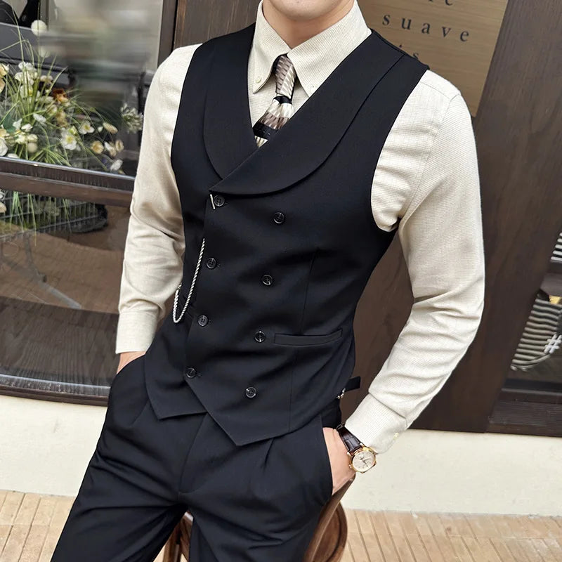 High Quality Autumn Double Breasted Suit Vest Men Business Formal Sleeveless Vest Slim Fit Wedding Groom Banquet Party Waistcoat  Amaijoin