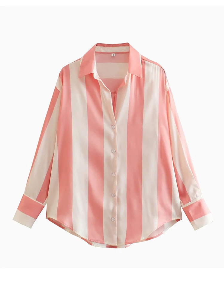 Vintage Women Satin Striped Casual Shirts 2023 Summer Fashion Ladies Long Sleeve Loose Tops Streetwear Female Chic Top  Amaijoin