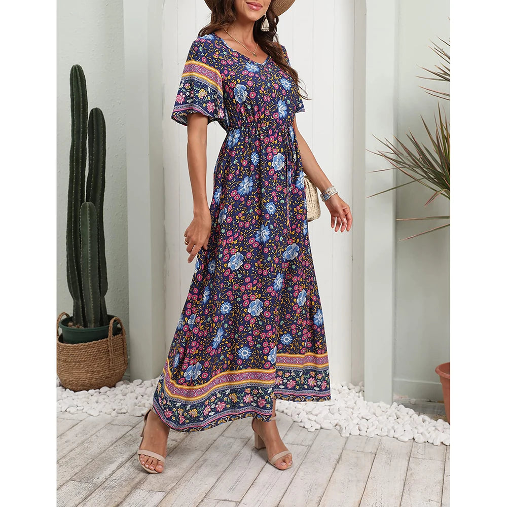 Bohemian V-Neck Floral Print Dresses Women Summer Casual Short Sleeve Midi Dress Beach Boho Elegant Fashion Long Skirts Female  Amaijoin