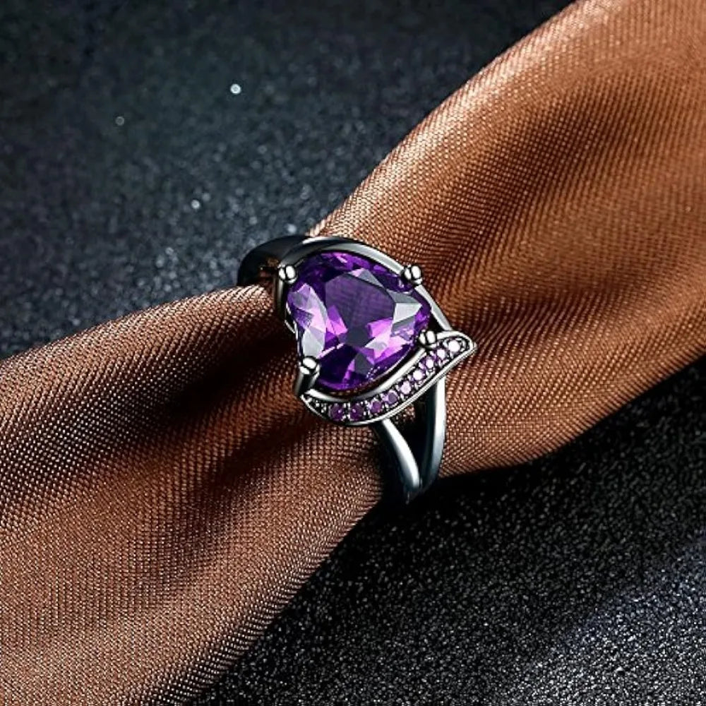 Romantic 18K Black Gold Plated Promise Band Ring Wedding Purple Heart Cubic Zirconia Rings for Women  Amaijoin