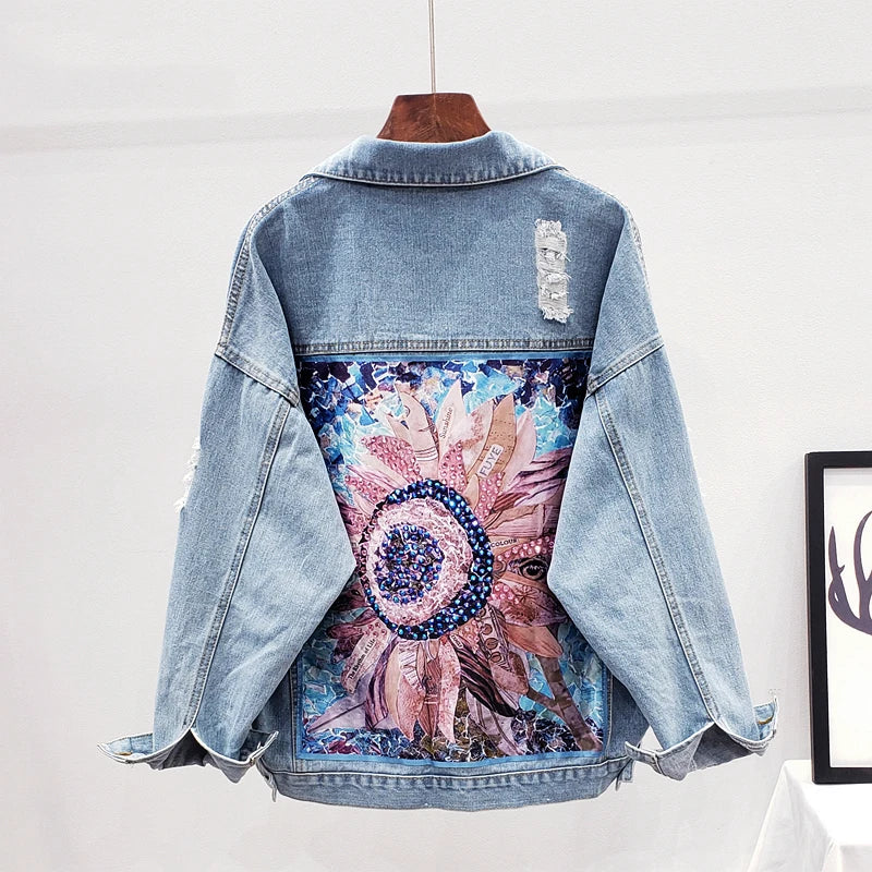 Streetwear Style Print Women's Denim Jacket Coat Diamonds Hole BF Jeans Outwear Female Spring Autumn Casual Loose Cowboy Outwear  Amaijoin