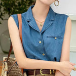 Carregue a imagem no visualizador da Galeria, Vintage Denim Vest Women Summer Cuban Collar Sleeveless Shirt Loose Casual French Style Chic Pocket Blouse Outerwear Top  Amaijoin
