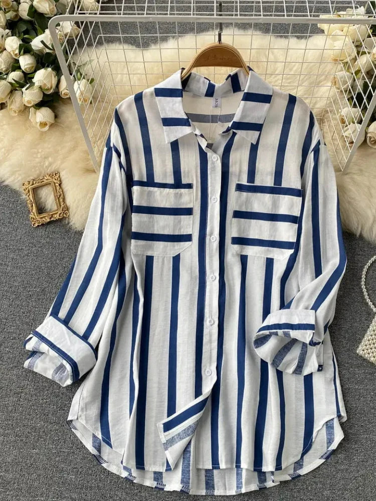 Fashion Woman Blouse 2023 Medium Length Vertical Stripe Shirt Jacket for Women's Korean Casual Loose Fitting Elegant Top  Amaijoin