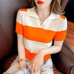 Load image into Gallery viewer, Clothing T-shirt Woman Tops Red Knit Polo Neck Shirts for Women Green Striped Short Sleeve Tee V Cute Youth High Quality Cotton  Amaijoin
