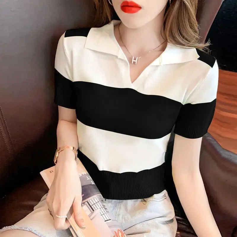 Clothing T-shirt Woman Tops Red Knit Polo Neck Shirts for Women Green Striped Short Sleeve Tee V Cute Youth High Quality Cotton  Amaijoin