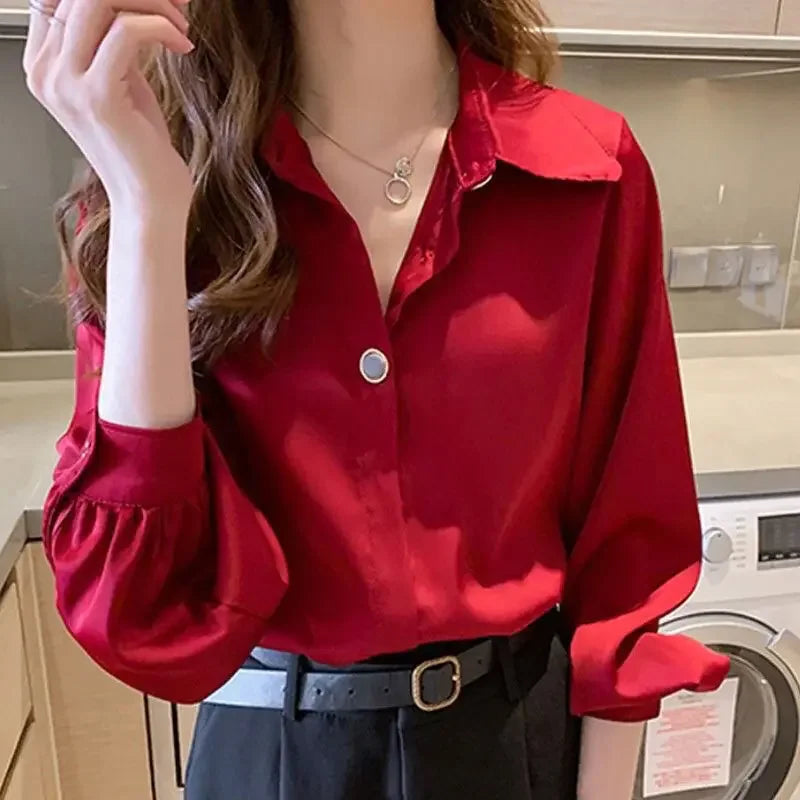 Button Up Spring White Office Outfits Clothes Formal Long Sleeve Satin Womens Shirt & Blouse Wear To Work Silk Tops for Women S  Amaijoin