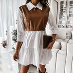 Carregue a imagem no visualizador da Galeria, Casual Long Sleeve Mini Shirt Dress For Women White 2024 Spring PU Leather Patchwork Plaid Woman Dresses Clothing Femme Robe  Amaijoin
