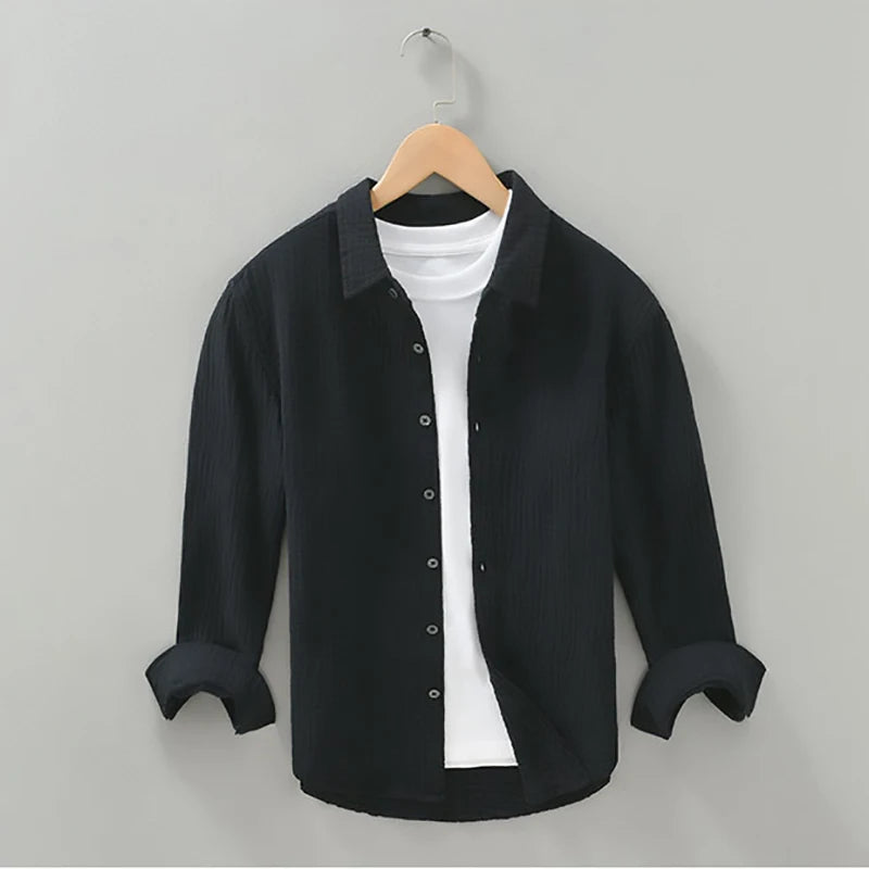 2093 Men's 100% Cotton High Quality Pleated Shirt Japan Style Solid Color Simple Basic Blouse Loose Casual Long Sleeve Tops Male  Amaijoin