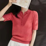 Carregue a imagem no visualizador da Galeria, Women&#39;s Polo Shirts Knitted Plain Button T-shirts Pink Clothing Trend 2024 Basic Pulovers Short Female Tee Sleeve Pretty Summer  Amaijoin
