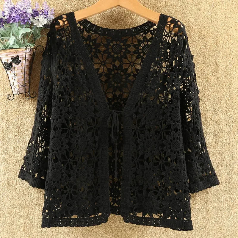 Sexy Hollow Lace Sunscreen Cardigan Sweater Women Wide Loose Air Conditioning Knitted Sweater Thin Section Female Spring Autumn  Amaijoin