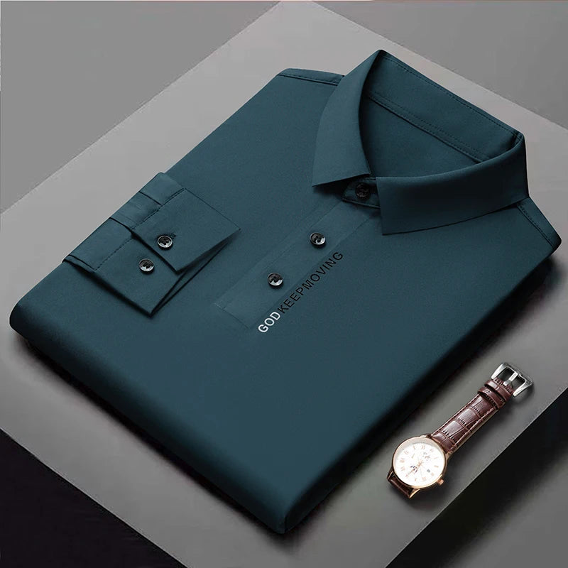 Luxury Quality Men's Polo Shirt 2023 Autumn New Lapel Top Print Traceless Long Sleeve British Fashion Trend T-shirt Men Clothing  Amaijoin