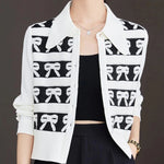 Carregue a imagem no visualizador da Galeria, Retro Heavy Industry Woven Jacquard Bow Embroidery Knit Cardigan Coat Turn-Down Collar Sweater Cropped Top Female White Knitwear  Amaijoin
