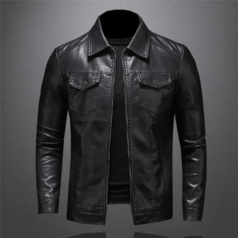 Men's Motorcycle Leather Jacket Large Size Pocket Black Zipper Lapel Slim Fit Male Spring and Autumn High Quality Pu Coat M-5Xl  Amaijoin