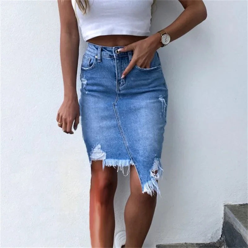 Fashion Irregular Hem Wrap Hip Skirt 2024 Summer Slim Broken Holes Denim Half-body Dresses Female Comfortable Casual Streetwear  Amaijoin