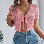 Carregue a imagem no visualizador da Galeria, Spring Summer Solid Hollow Short Sleeve Lace up Knitwear Women Vacation Cardigan  Amaijoin
