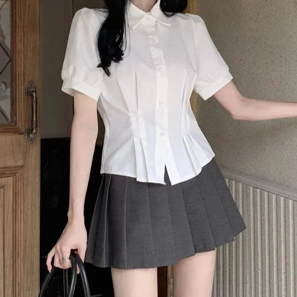 Women's Summer White Cropped Shirts College Style Turndown Collar Short Sleeve Blouse Lady Korean Style Folds Slim Fit Crop Tops  Amaijoin