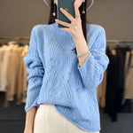 Carregue a imagem no visualizador da Galeria, 100% Australian Wool Sweater Solid Color Knitted Hollow Half High Collar Women&#39;s Pullover Sweater Slim Fit Exquisite Thin Style  Amaijoin
