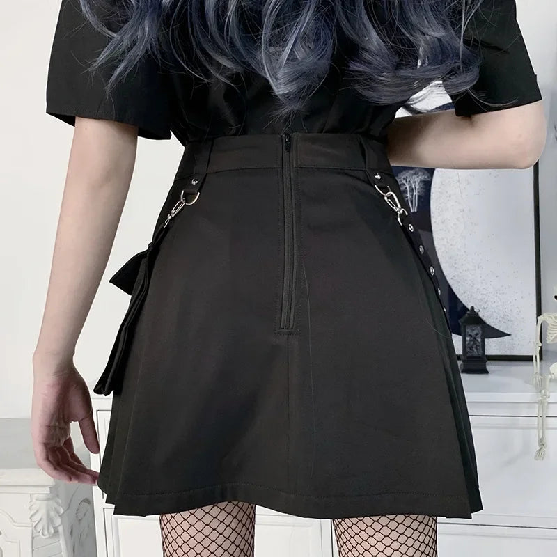 Harajuku Punk Gothic Black High Waist Black Skirts Women Sexy Patchwork Bandage Mini Female Streetwear Black Skirt  Amaijoin