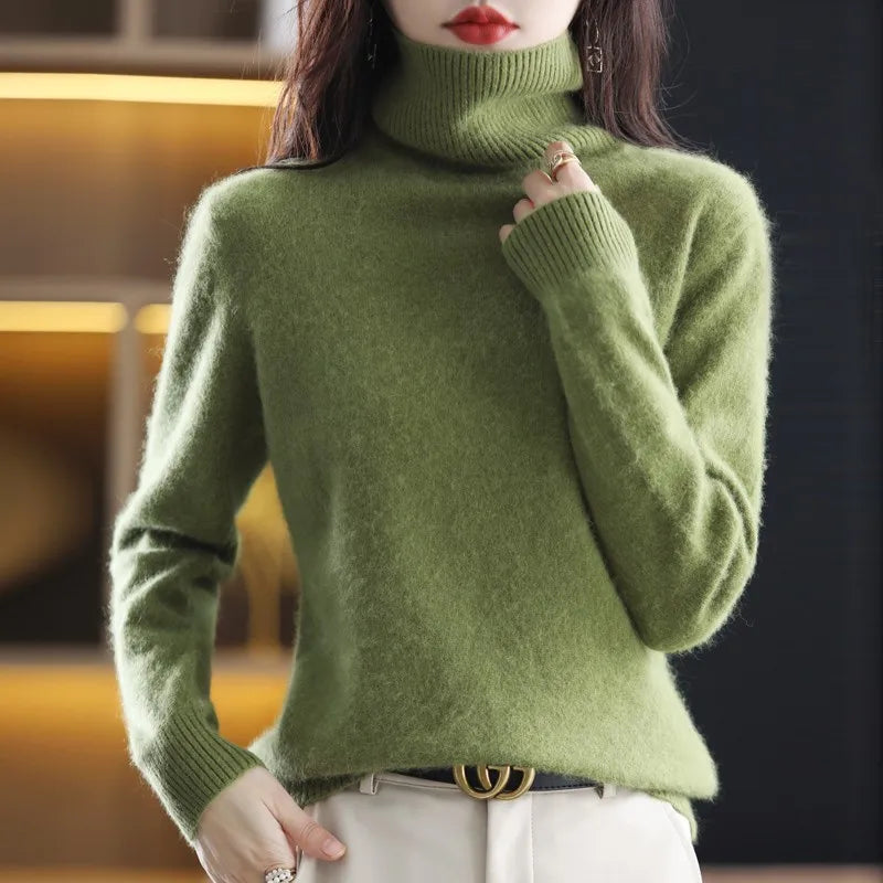 Autumn And Winter New 100% Mink Cashmere Sweater 2023 Women's High Neck Knitted Pullover Loose Korean Fashion Warm Women's Top  Amaijoin