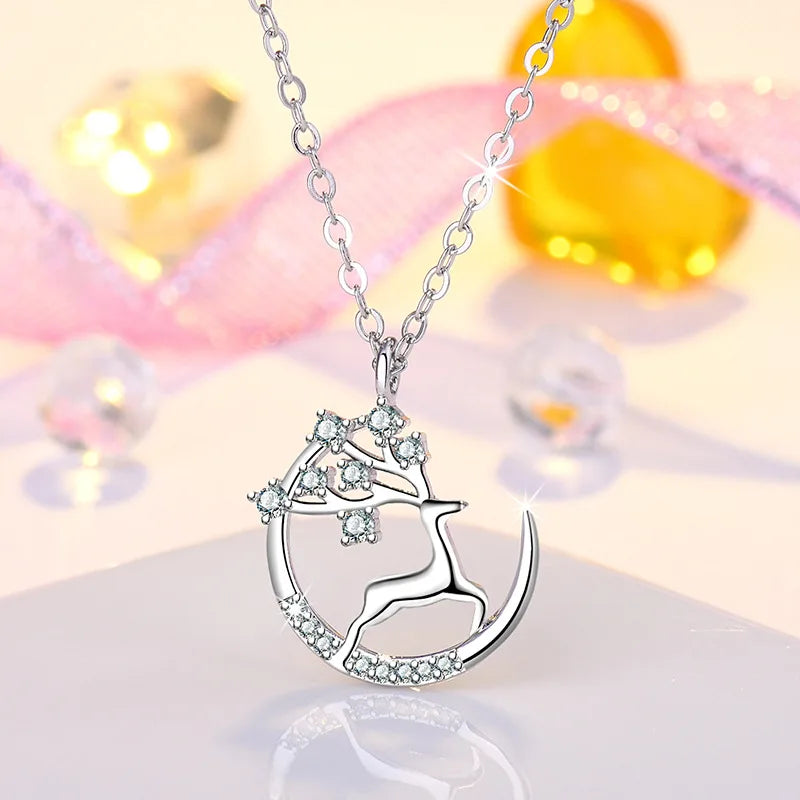 925 Sterling Silver Moon Necklace Pendant Zircon For Women Fashion Exquisite Student Girlfriend Jewelry Accessories Heart Gift  Amaijoin