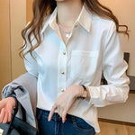 Carregue a imagem no visualizador da Galeria, PLAZSON Elegant Women&#39;s Solid White Blouse Tops Fashion Long Sleeve Blouses Chic V Neck Pulovers Autumn Shirts &amp; Blouses  Amaijoin
